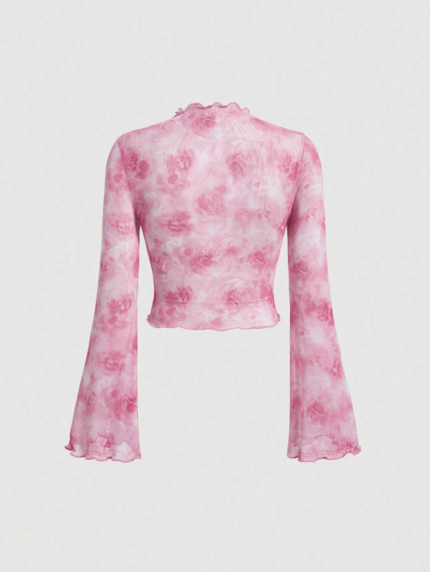 Pink Floral Bell Sleeve Top