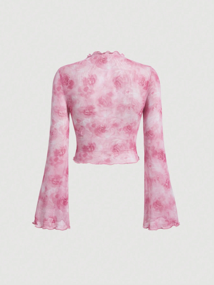Pink Floral Bell Sleeve Top