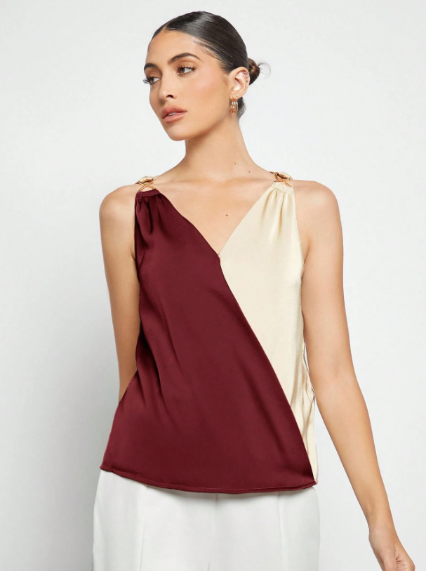 Women's Colorblock Sleeveless Blouse – Elegant V-Neck Top for Office & Events