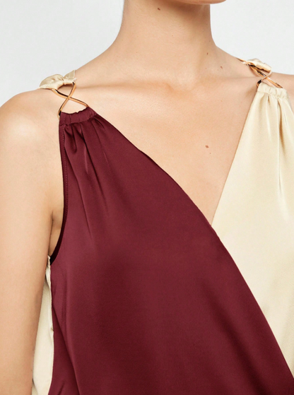 Women's Colorblock Sleeveless Blouse – Elegant V-Neck Top for Office & Events