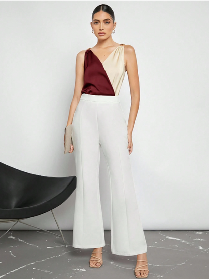 Women's Colorblock Sleeveless Blouse – Elegant V-Neck Top for Office & Events
