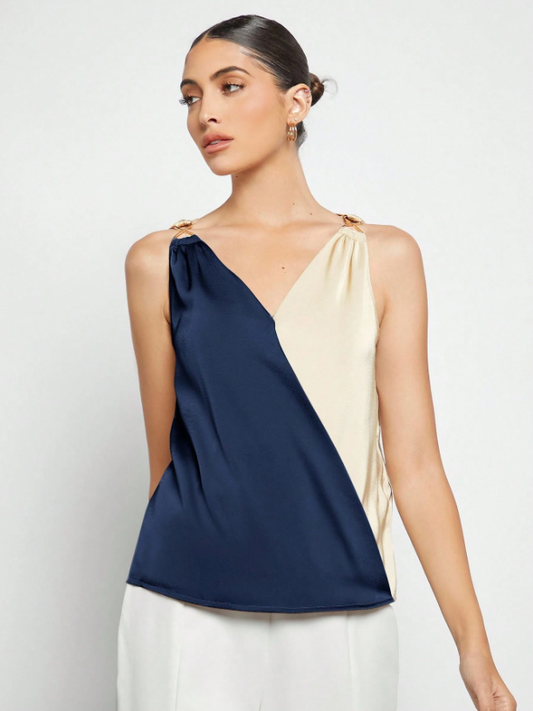 Women's Colorblock Sleeveless Blouse – Elegant V-Neck Top for Office & Events