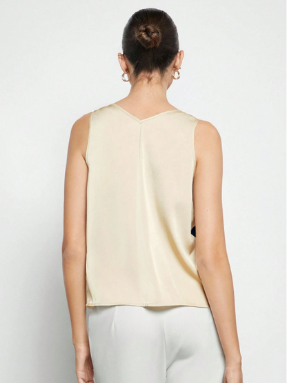 Women's Colorblock Sleeveless Blouse – Elegant V-Neck Top for Office & Events