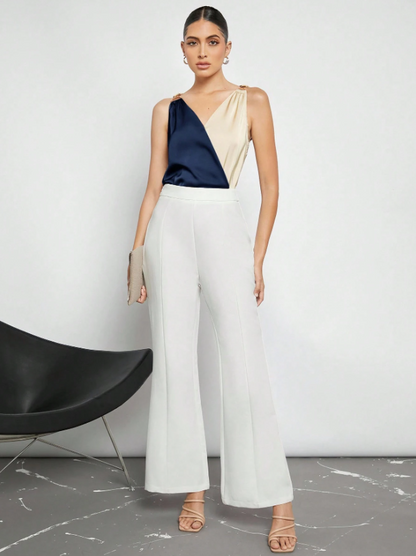 Women's Colorblock Sleeveless Blouse – Elegant V-Neck Top for Office & Events