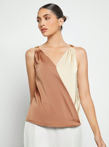 Women's Colorblock Sleeveless Blouse – Elegant V-Neck Top for Office & Events