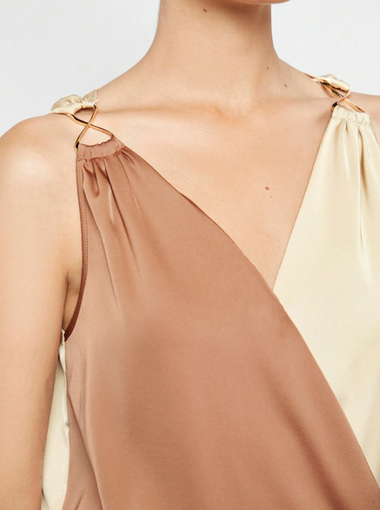 Women's Colorblock Sleeveless Blouse – Elegant V-Neck Top for Office & Events