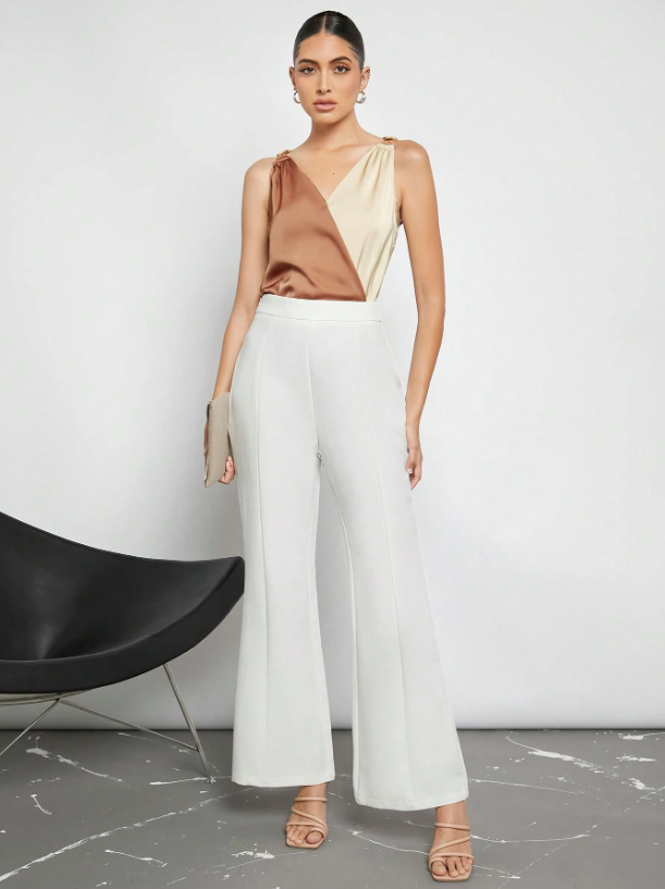 Women's Colorblock Sleeveless Blouse – Elegant V-Neck Top for Office & Events