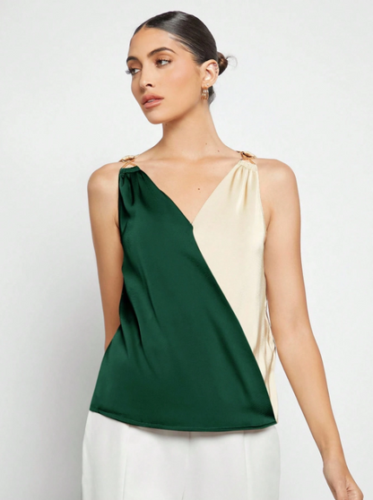 Women's Colorblock Sleeveless Blouse – Elegant V-Neck Top for Office & Events