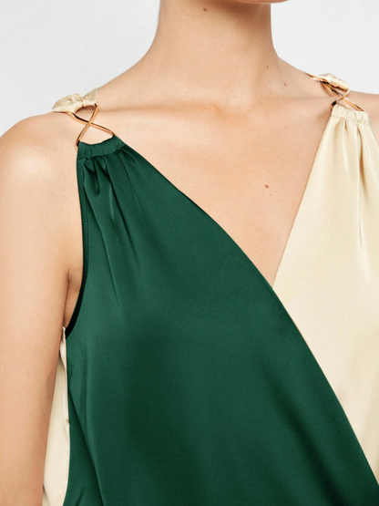 Women's Colorblock Sleeveless Blouse – Elegant V-Neck Top for Office & Events