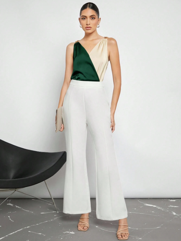 Women's Colorblock Sleeveless Blouse – Elegant V-Neck Top for Office & Events