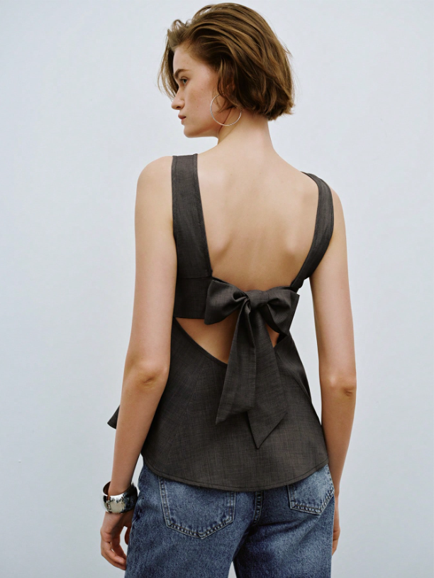 Elegant Bowknot Camisole for Women – Flared Hem Backless Tank Top in Dark Grey | Chic Summer Blouse