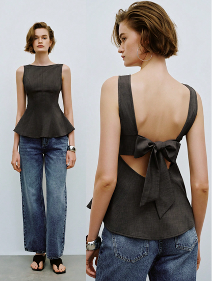 Elegant Bowknot Camisole for Women – Flared Hem Backless Tank Top in Dark Grey | Chic Summer Blouse