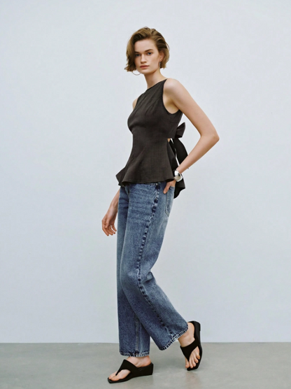 Elegant Bowknot Camisole for Women – Flared Hem Backless Tank Top in Dark Grey | Chic Summer Blouse