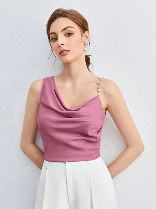 Chic Asymmetrical Ruched Camisole with Pearl & Chain Strap – Elegant Draped Sleeveless Top for Work & Events