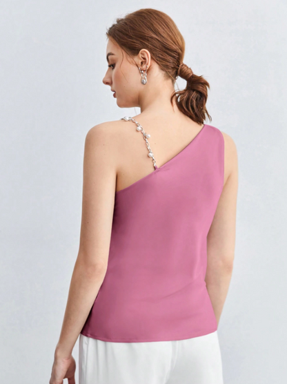 Chic Asymmetrical Ruched Camisole with Pearl & Chain Strap – Elegant Draped Sleeveless Top for Work & Events