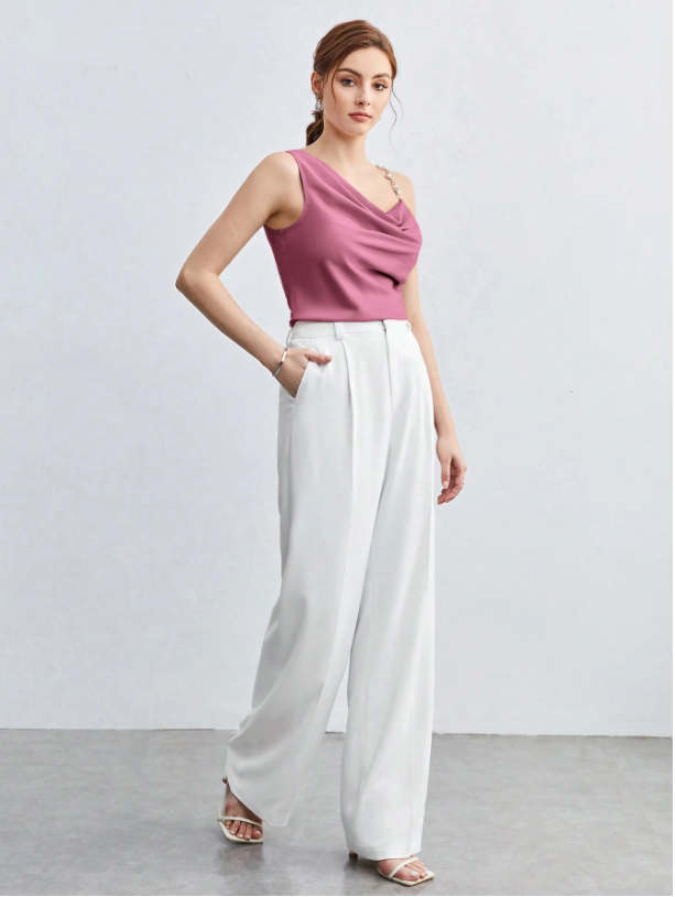 Chic Asymmetrical Ruched Camisole with Pearl & Chain Strap – Elegant Draped Sleeveless Top for Work & Events