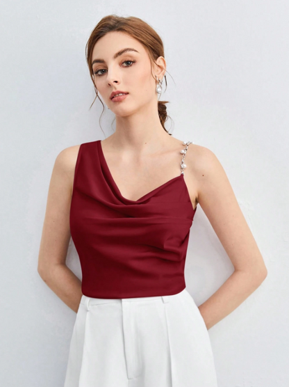 Chic Asymmetrical Ruched Camisole with Pearl & Chain Strap – Elegant Draped Sleeveless Top for Work & Events