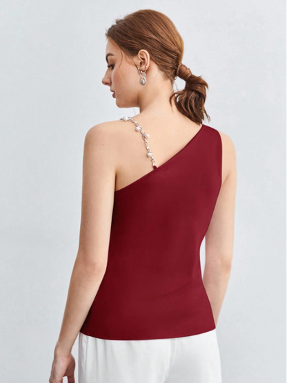 Chic Asymmetrical Ruched Camisole with Pearl & Chain Strap – Elegant Draped Sleeveless Top for Work & Events