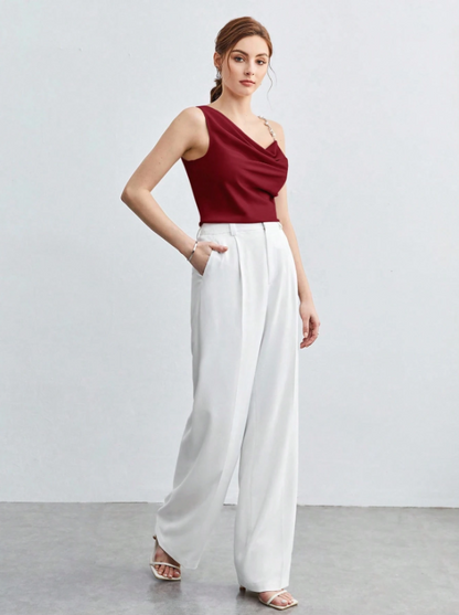 Chic Asymmetrical Ruched Camisole with Pearl & Chain Strap – Elegant Draped Sleeveless Top for Work & Events