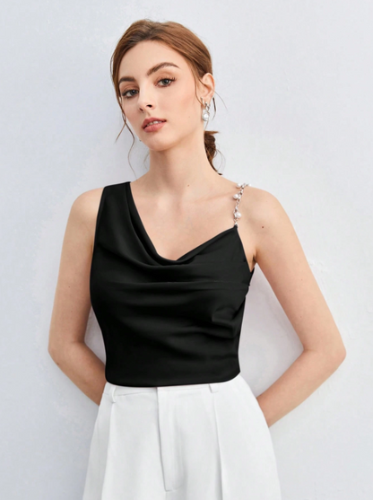 Chic Asymmetrical Ruched Camisole with Pearl & Chain Strap – Elegant Draped Sleeveless Top for Work & Events