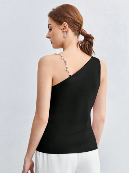 Chic Asymmetrical Ruched Camisole with Pearl & Chain Strap – Elegant Draped Sleeveless Top for Work & Events