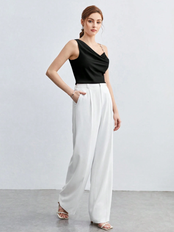 Chic Asymmetrical Ruched Camisole with Pearl & Chain Strap – Elegant Draped Sleeveless Top for Work & Events