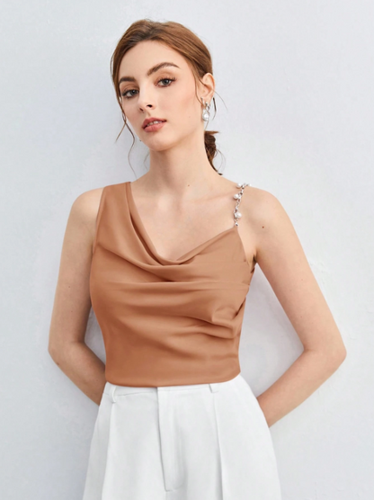 Chic Asymmetrical Ruched Camisole with Pearl & Chain Strap – Elegant Draped Sleeveless Top for Work & Events