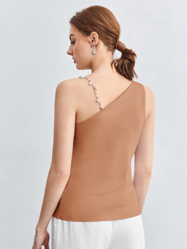Chic Asymmetrical Ruched Camisole with Pearl & Chain Strap – Elegant Draped Sleeveless Top for Work & Events