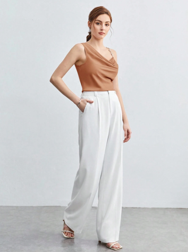 Chic Asymmetrical Ruched Camisole with Pearl & Chain Strap – Elegant Draped Sleeveless Top for Work & Events