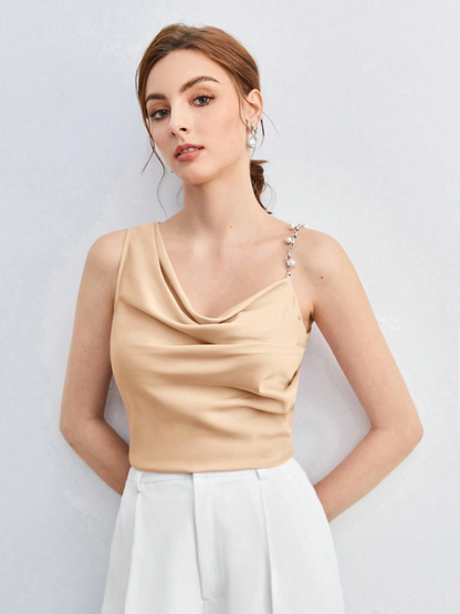 Chic Asymmetrical Ruched Camisole with Pearl & Chain Strap – Elegant Draped Sleeveless Top for Work & Events