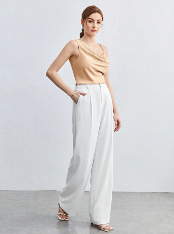 Chic Asymmetrical Ruched Camisole with Pearl & Chain Strap – Elegant Draped Sleeveless Top for Work & Events