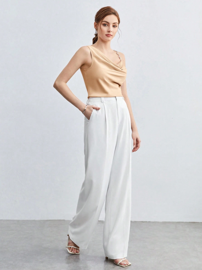 Chic Asymmetrical Ruched Camisole with Pearl & Chain Strap – Elegant Draped Sleeveless Top for Work & Events