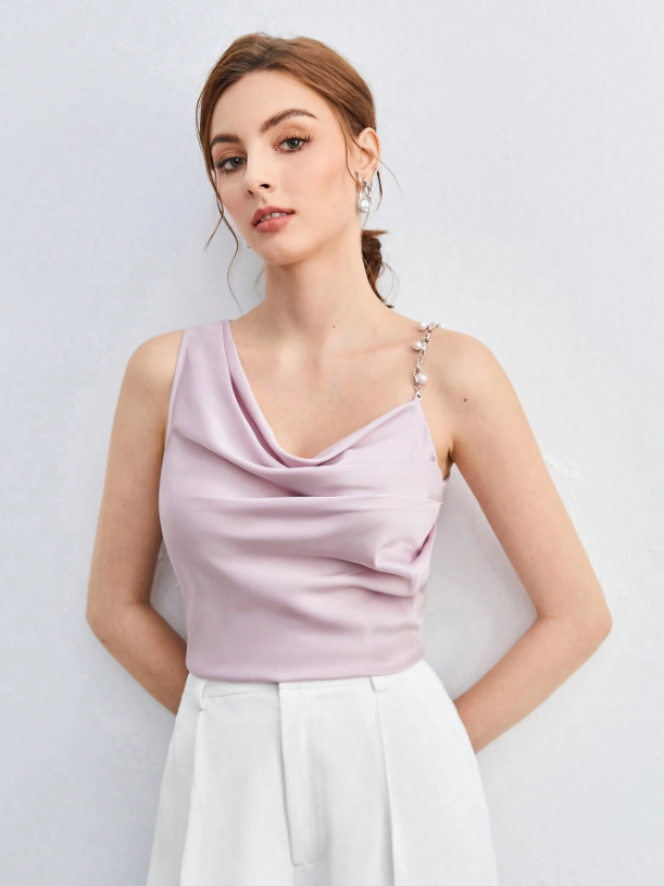 Chic Asymmetrical Ruched Camisole with Pearl & Chain Strap – Elegant Draped Sleeveless Top for Work & Events