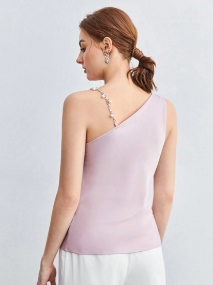 Chic Asymmetrical Ruched Camisole with Pearl & Chain Strap – Elegant Draped Sleeveless Top for Work & Events