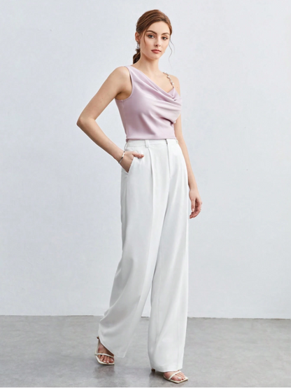 Chic Asymmetrical Ruched Camisole with Pearl & Chain Strap – Elegant Draped Sleeveless Top for Work & Events