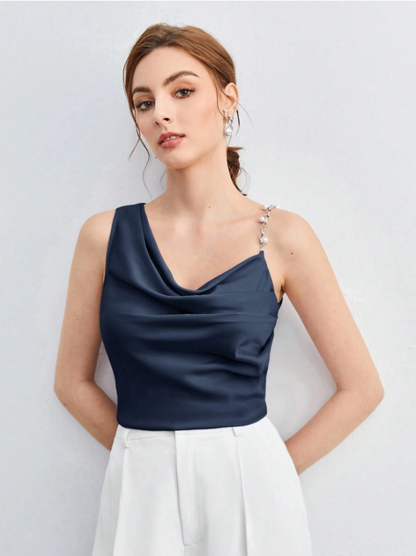 Chic Asymmetrical Ruched Camisole with Pearl & Chain Strap – Elegant Draped Sleeveless Top for Work & Events