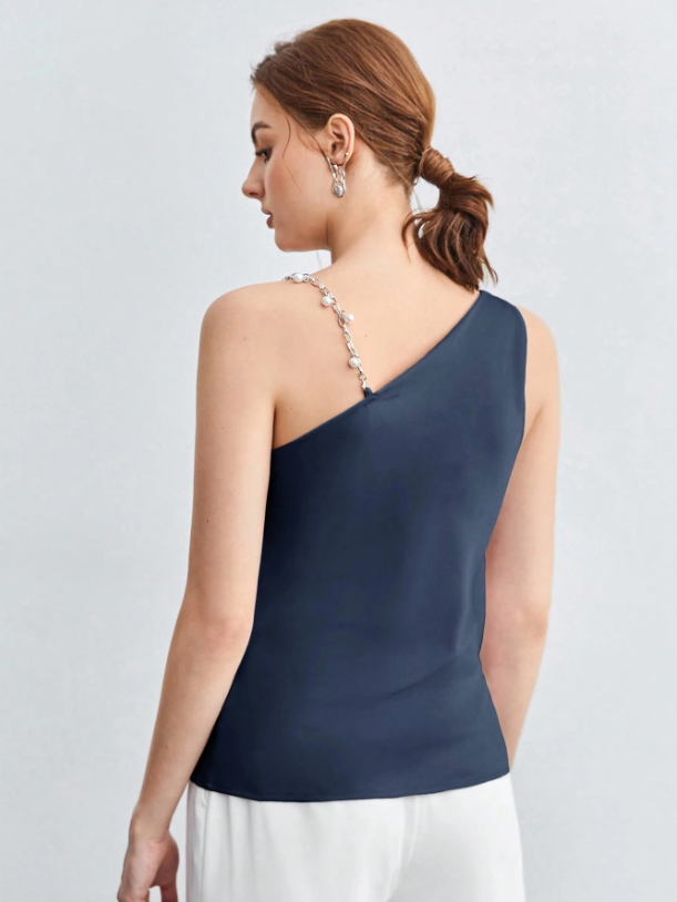 Chic Asymmetrical Ruched Camisole with Pearl & Chain Strap – Elegant Draped Sleeveless Top for Work & Events