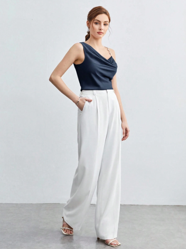 Chic Asymmetrical Ruched Camisole with Pearl & Chain Strap – Elegant Draped Sleeveless Top for Work & Events