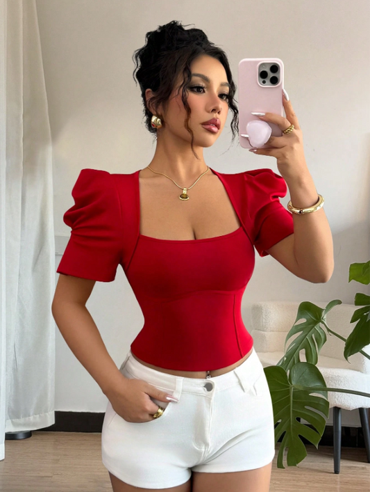 Elegant Red Square Neck Puff Sleeve Knit Top – Slim Fit Short T-Shirt for Trendy Everyday, Work & Casual Styling