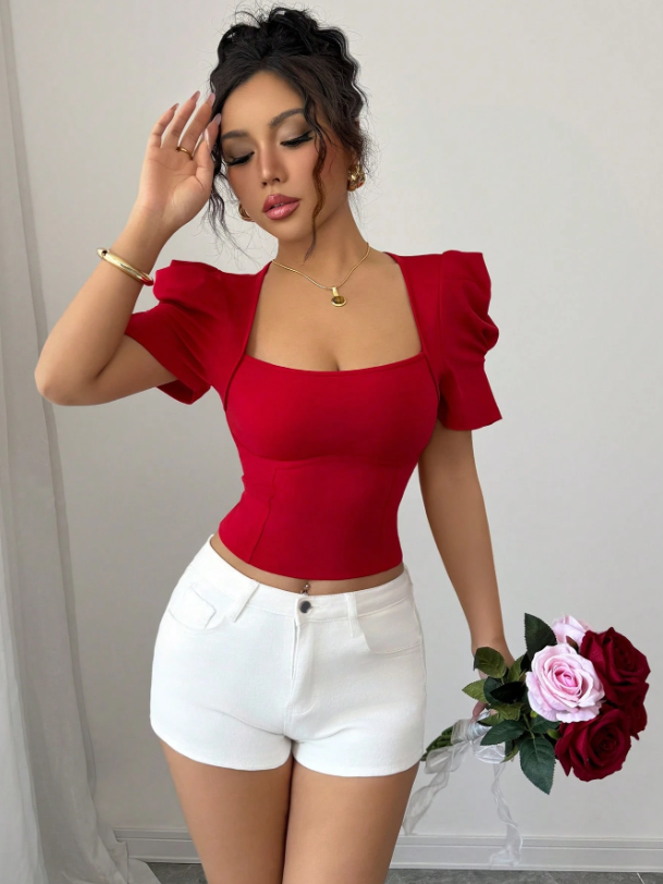 Elegant Red Square Neck Puff Sleeve Knit Top – Slim Fit Short T-Shirt for Trendy Everyday, Work & Casual Styling