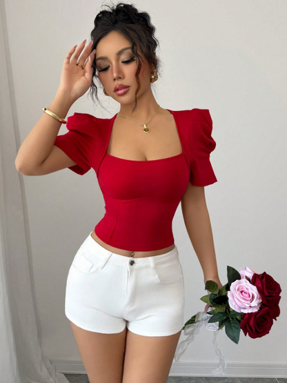 Elegant Red Square Neck Puff Sleeve Knit Top – Slim Fit Short T-Shirt for Trendy Everyday, Work & Casual Styling