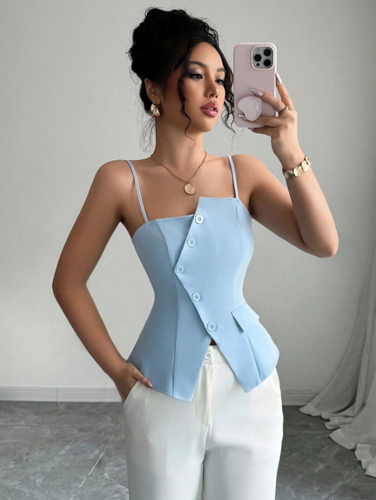 Chic Asymmetrical Spaghetti Strap Camisole – Lace-Up Slim Fit Casual Cami Top for Brunch, College & Urban Looks