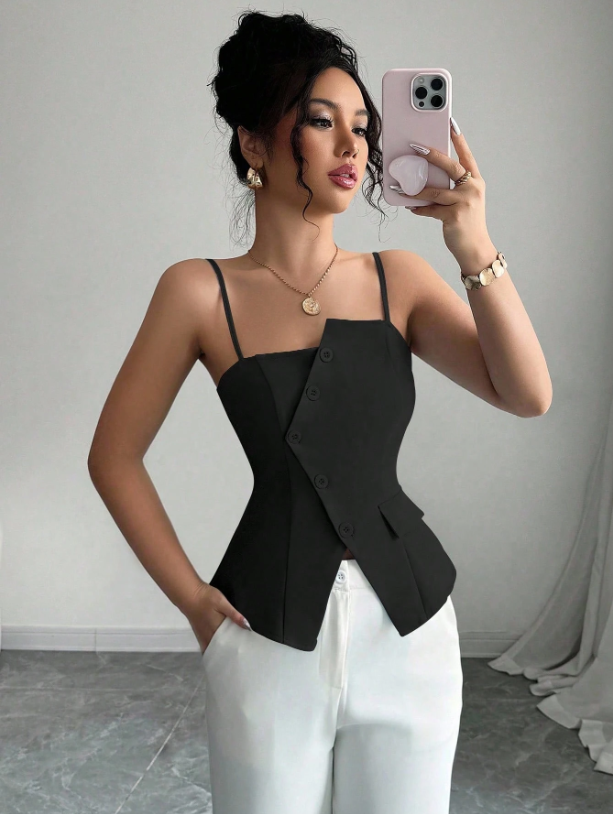 Chic Asymmetrical Spaghetti Strap Camisole – Lace-Up Slim Fit Casual Cami Top for Brunch, College & Urban Looks