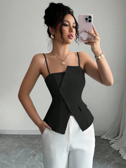 Chic Asymmetrical Spaghetti Strap Camisole – Lace-Up Slim Fit Casual Cami Top for Brunch, College & Urban Looks