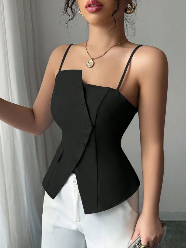 Chic Asymmetrical Spaghetti Strap Camisole – Lace-Up Slim Fit Casual Cami Top for Brunch, College & Urban Looks