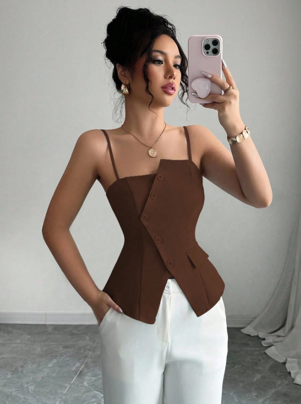 Chic Asymmetrical Spaghetti Strap Camisole – Lace-Up Slim Fit Casual Cami Top for Brunch, College & Urban Looks