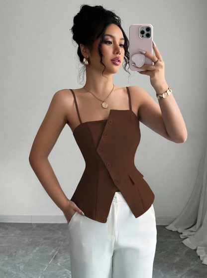 Chic Asymmetrical Spaghetti Strap Camisole – Lace-Up Slim Fit Casual Cami Top for Brunch, College & Urban Looks