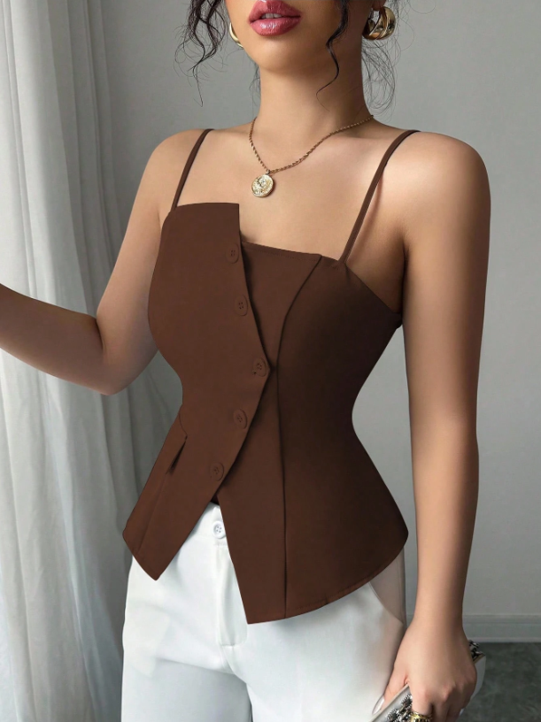 Chic Asymmetrical Spaghetti Strap Camisole – Lace-Up Slim Fit Casual Cami Top for Brunch, College & Urban Looks