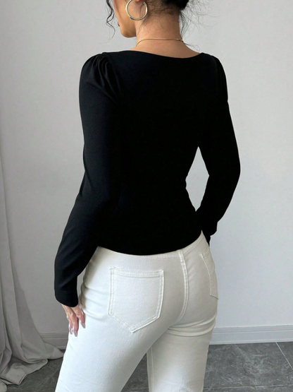 Women’s Elegant Colorblock Long Sleeve T-Shirt – Slim Fit Sweetheart Neck, Asymmetric Hem Top