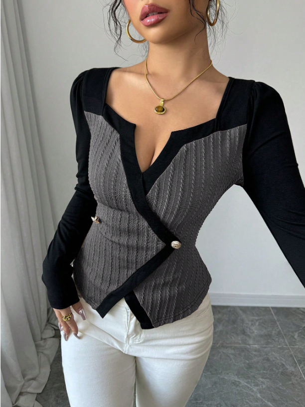 Women’s Elegant Colorblock Long Sleeve T-Shirt – Slim Fit Sweetheart Neck, Asymmetric Hem Top